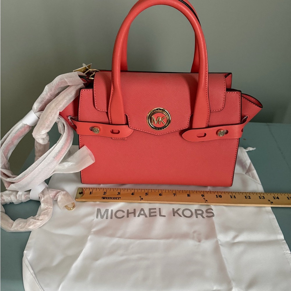 Michael Kors Coral Saffiano Leather Satchel with Gold MK Emblem - Picture 2 of 6